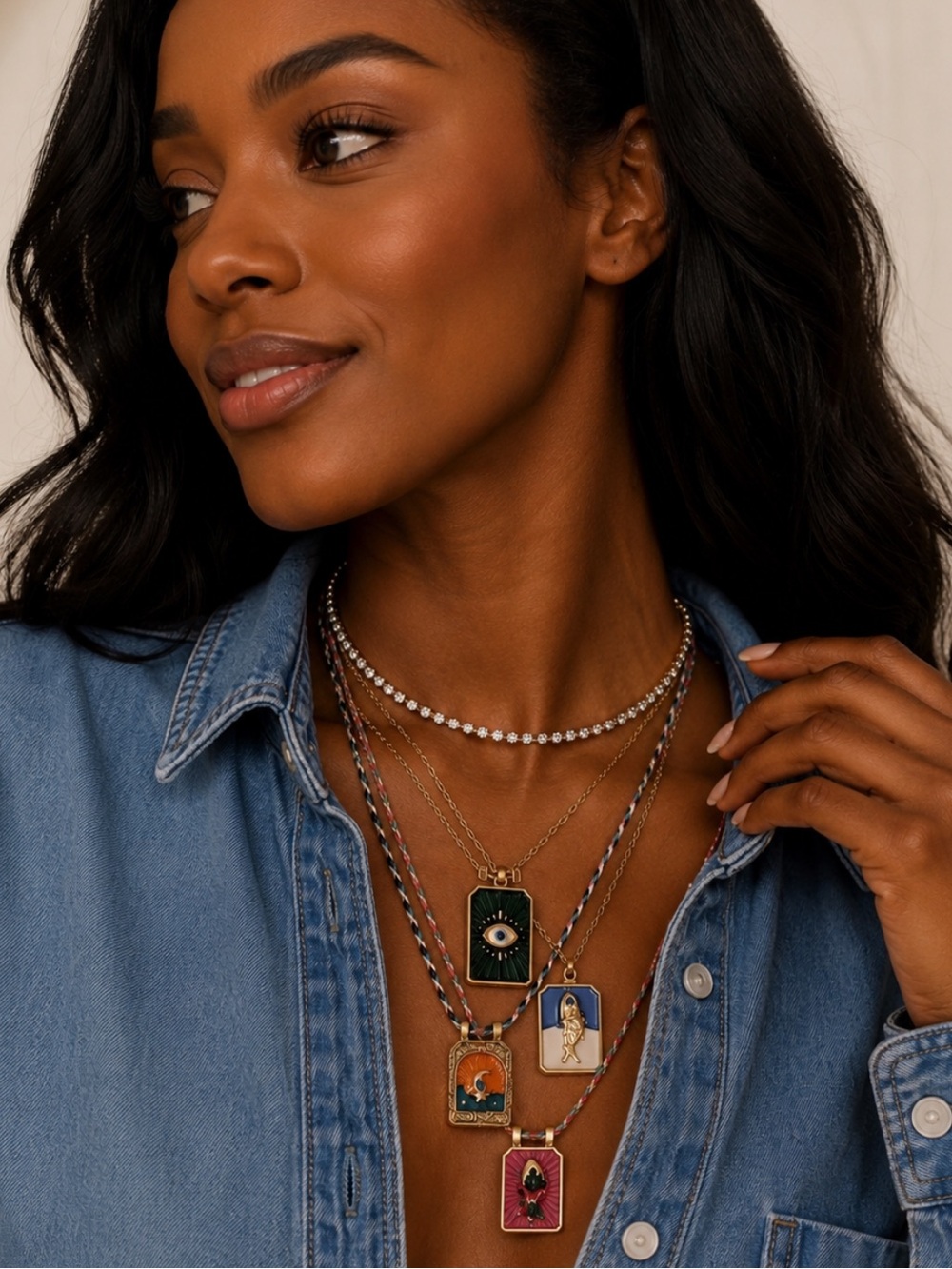 New! Evil Eye CoastalTarot Card Stack Necklace Set NWOT 5041